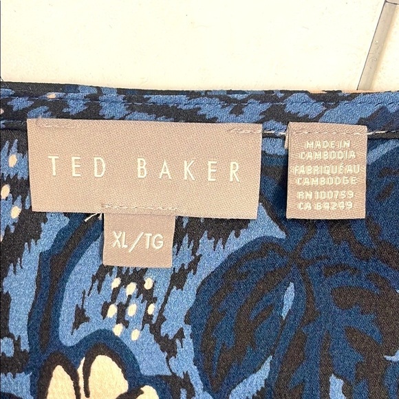 Ted Baker Floral Blue & Pink Blouse Long Sleeve Ruching On Cuff Key Hole Size XL - Picture 10 of 11